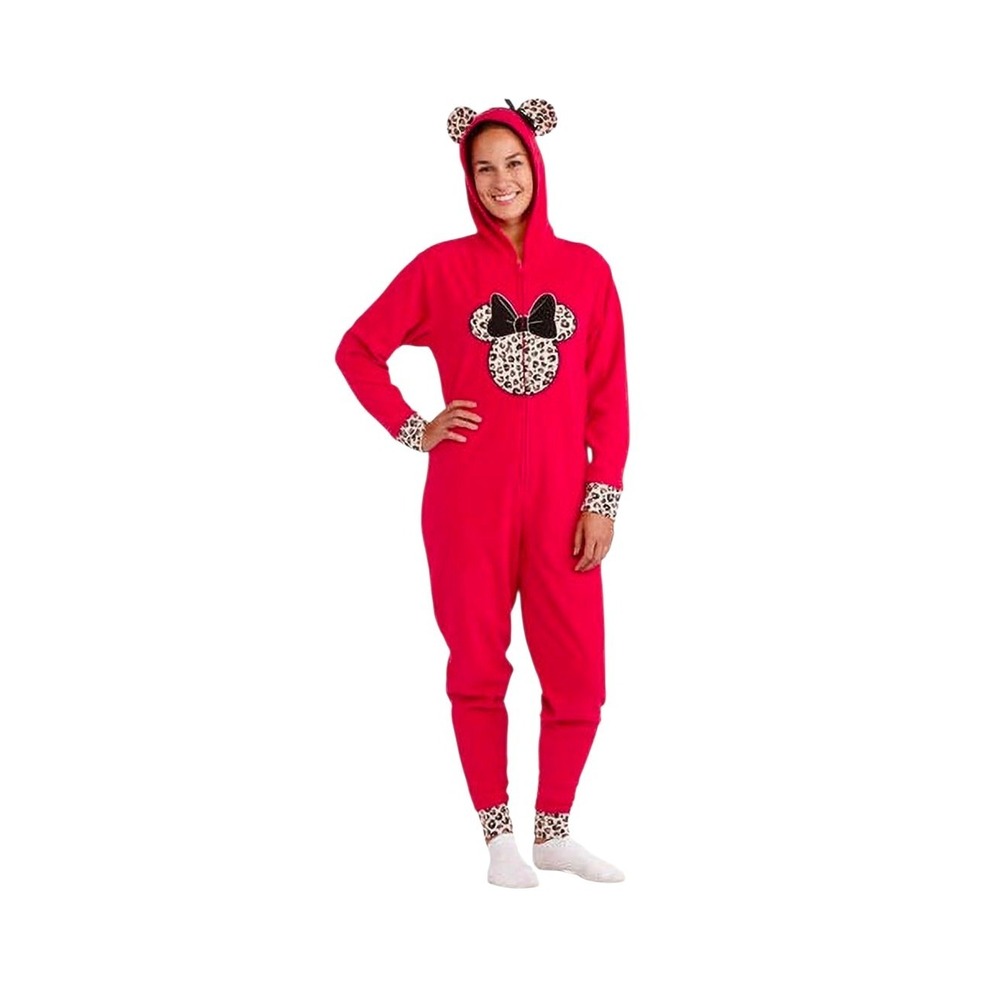 Disney Minnie Mouse Fleece One Piece Pajama Womens L Hooded Zip Red Leopard Trim
